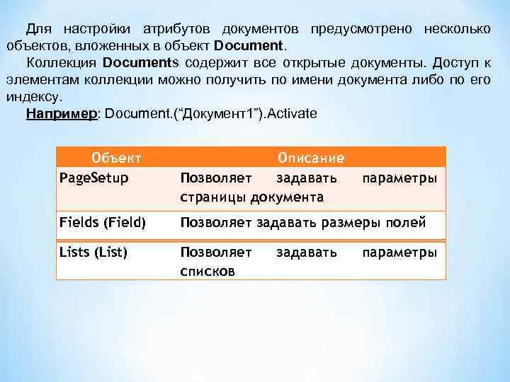 Для настройки атрибутов документов предусмотрено несколько объектов, вложенных в объект Document. Коллекция Documents содержит