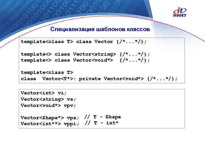 Специализация шаблонов классов template<class T> class Vector {/*. . . */}; template<> class Vector<string>