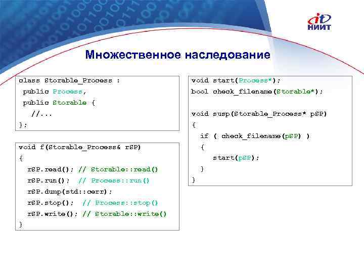 Множественное наследование сlass Storable_Process : public Process, void start(Process*); bool check_filename(Storable*); public Storable {