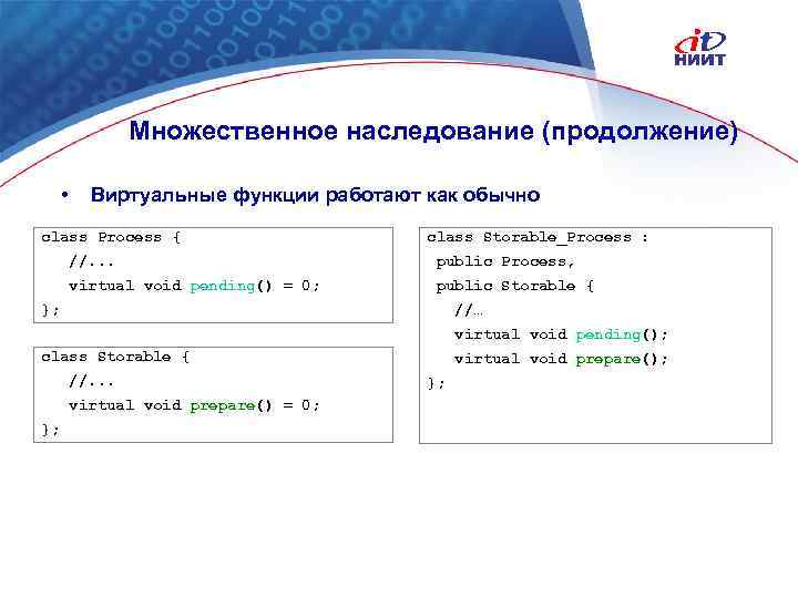 Множественное наследование (продолжение) • Виртуальные функции работают как обычно сlass Process { сlass Storable_Process