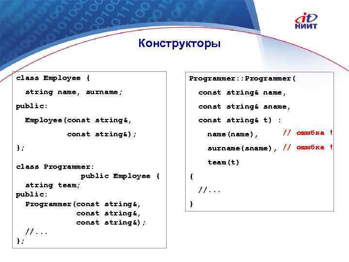 Конструкторы class Employee { Programmer: : Programmer( string name, surname; const string& name, public: