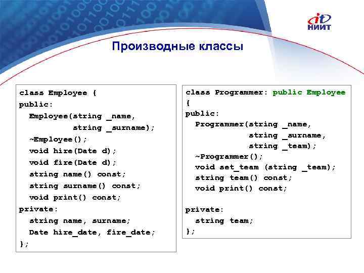 Производные классы class Employee { public: Employee(string _name, string _surname); ~Employee(); void hire(Date d);