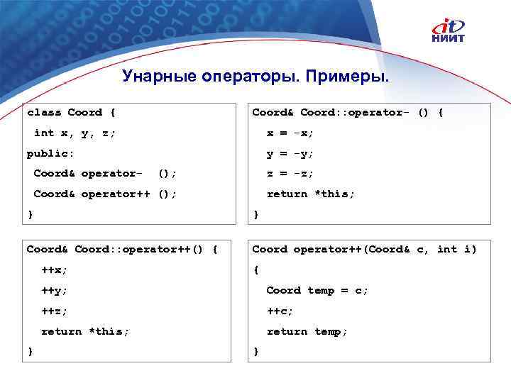 Унарные операторы. Примеры. class Coord { Coord& Coord: : operator- () { int x,