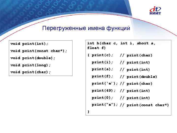 Перегруженные имена функций void print(int); void print(const char*); void print(double); int h(char c, int