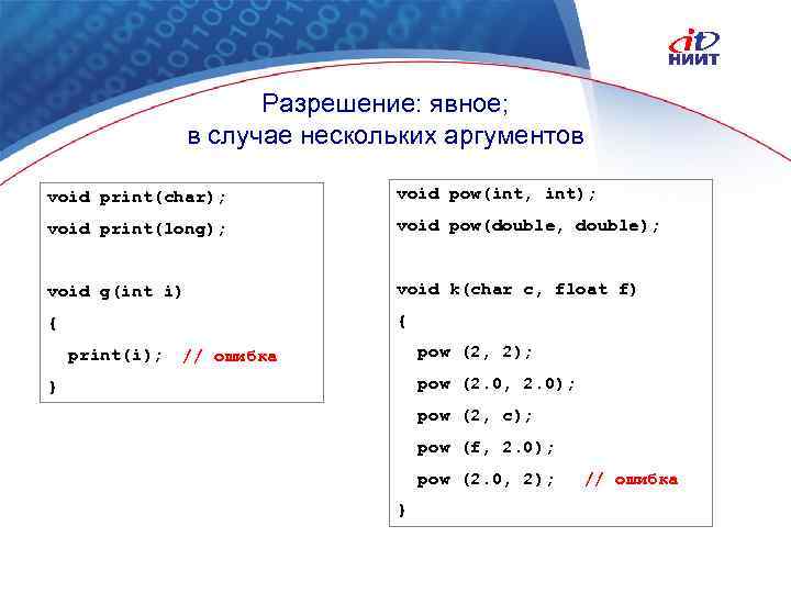 Разрешение: явное; в случае нескольких аргументов void print(char); void pow(int, int); void print(long); void