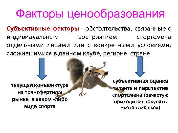 Факторы ценообразования Субъективные факторы - обстоятельства, связанные с индивидуальным восприятием спортсмена отдельными лицами или