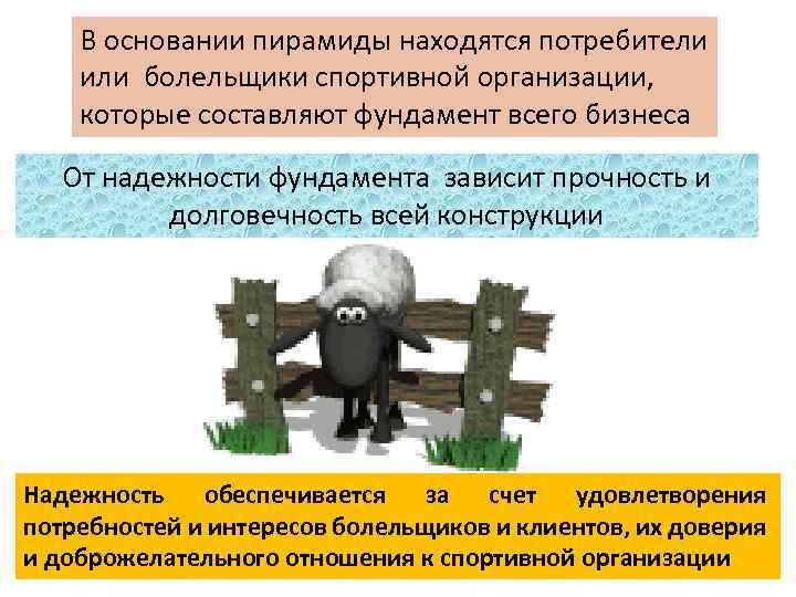 В основании пирамиды находятся потребители или болельщики спортивной организации, которые составляют фундамент всего бизнеса