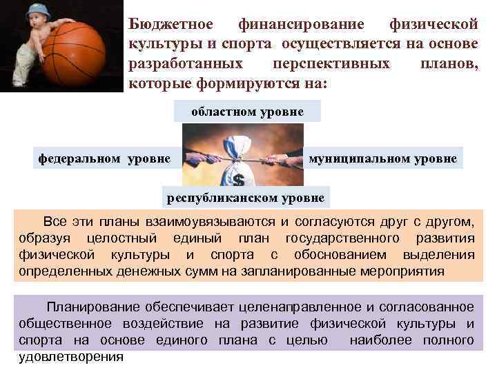 Бюджетное финансирование физической культуры и спорта осуществляется на основе разработанных перспективных планов, которые формируются
