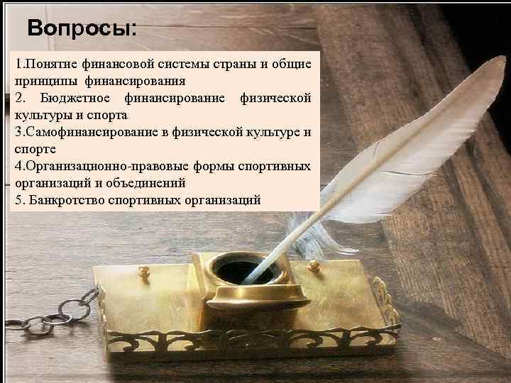 Вопросы: 1. Понятие финансовой системы страны и общие принципы финансирования 2. Бюджетное финансирование физической