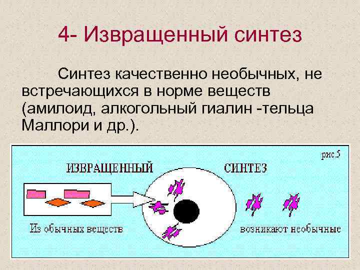 4 - Извращенный синтез Синтез качественно необычных, не встречающихся в норме веществ (амилоид, алкогольный