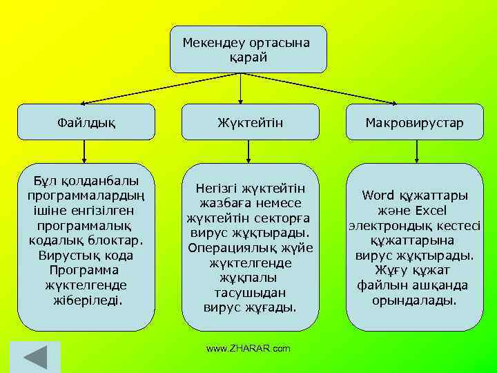 Мекендеу ортасына қарай Файлдық Бұл қолданбалы программалардың ішіне енгізілген программалық кодалық блоктар. Вирустық кода