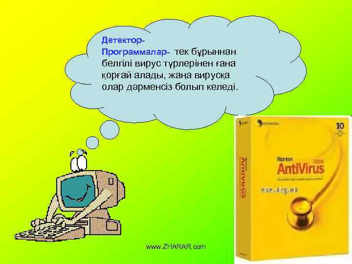 Детектор. Программалар- тек бұрыннан белгілі вирус түрлерінен ғана қорғай алады, жаңа вирусқа олар дәрменсіз