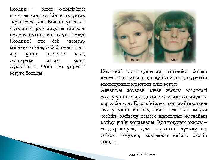 Кокаин – коки өсімдігінен шығарылған, негізінен ақ ұнтақ тәріздес есірткі. Кокаин ұнтағын ұсақтап мұрын