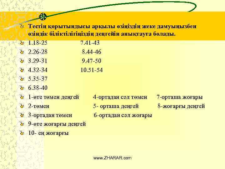 Тестің қорытындысы арқылы өзіңіздің жеке дамуыңызбен өзіндік біліктілігіңіздің деңгейін анықтауға болады. 1. 18 -25