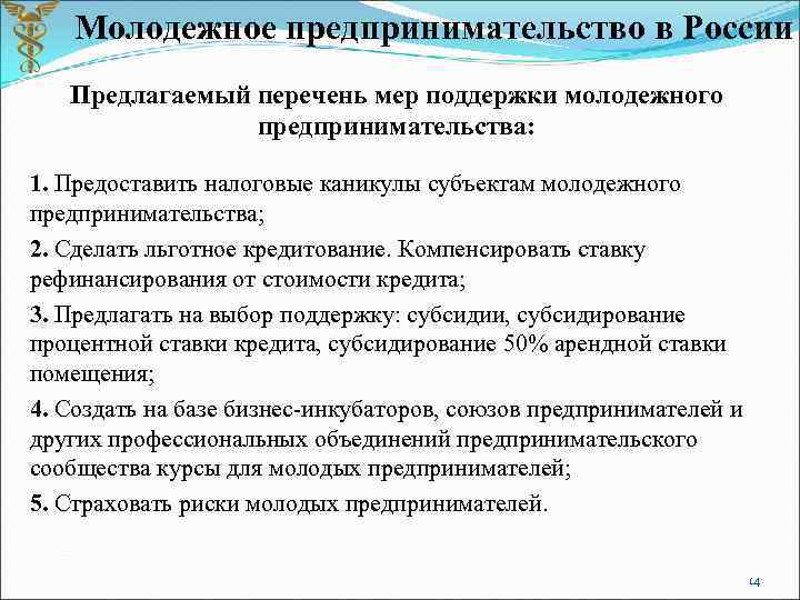 Молодежное предпринимательство в России Предлагаемый перечень мер поддержки молодежного предпринимательства: 1. Предоставить налоговые каникулы