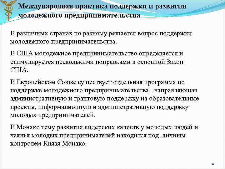 Международная практика поддержки и развития молодежного предпринимательства В различных странах по разному решается вопрос