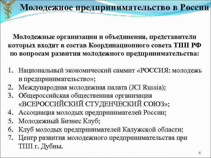 Молодежное предпринимательство в России Молодежные организации и объединения, представители которых входят в состав Координационного