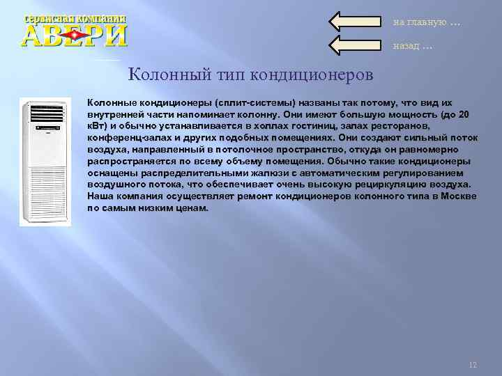 на главную … назад … Колонный тип кондиционеров Колонные кондиционеры (сплит-системы) названы так потому,