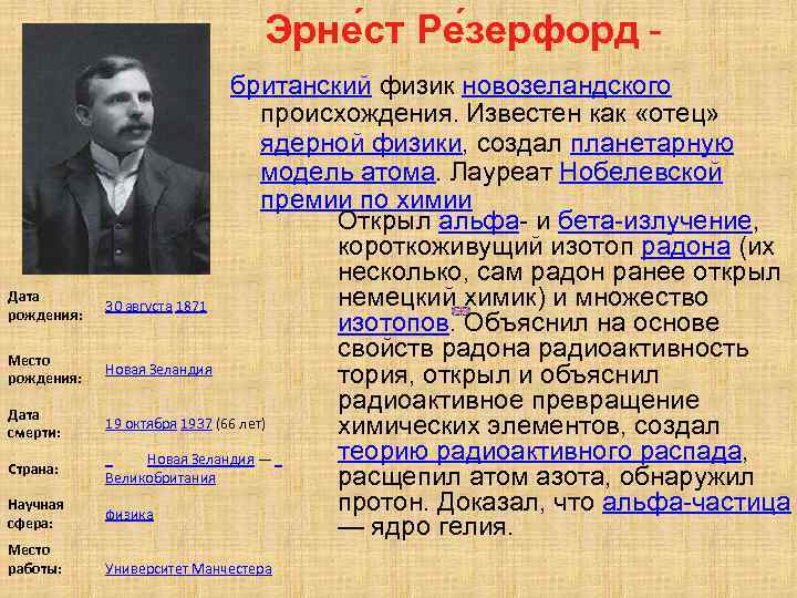  Эрне ст Ре зерфорд - Дата рождения: Место рождения: Дата смерти: Страна: Научная