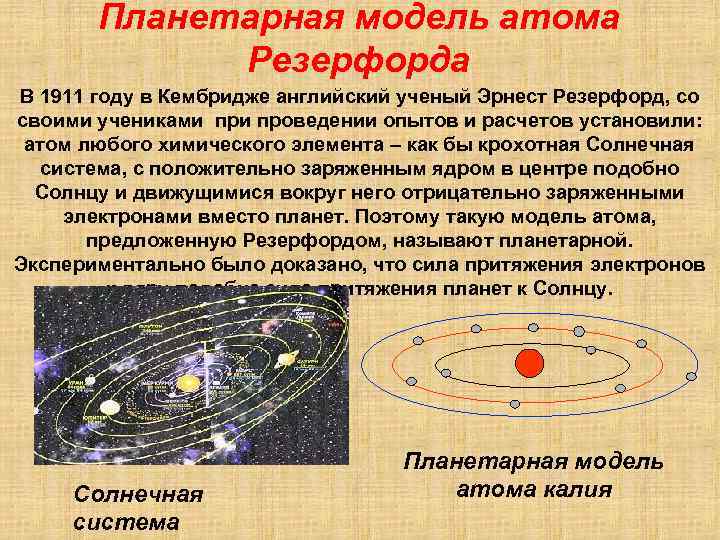 Планетарная модель атома Резерфорда В 1911 году в Кембридже английский ученый Эрнест Резерфорд, со
