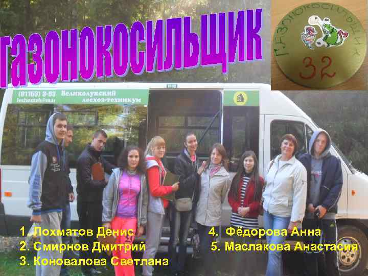 1. Лохматов Денис 2. Смирнов Дмитрий 3. Коновалова Светлана 4. Фёдорова Анна 5. Маслакова