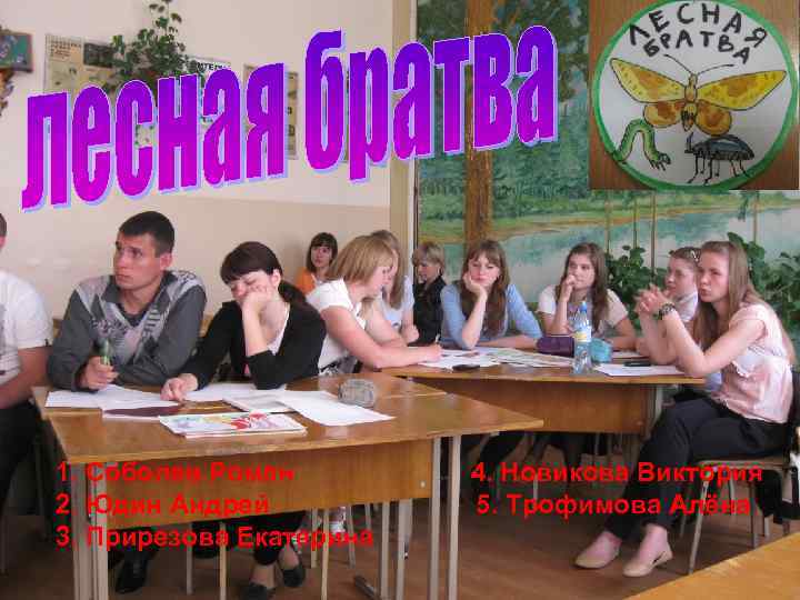 1. Соболев Роман 2. Юдин Андрей 3. Прирезова Екатерина 4. Новикова Виктория 5. Трофимова