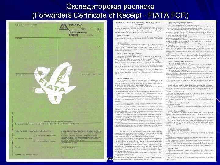 Экспедиторская расписка (Forwarders Certificate of Receipt - FIATA FCR) Лекция 4 37 