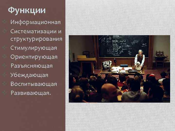 Функции v Информационная v Систематизации и структурирования v Стимулирующая v Ориентирующая v Разъясняющая v