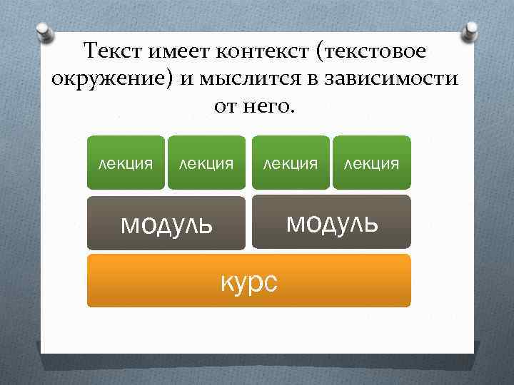 Текст имеет контекст (текстовое окружение) и мыслится в зависимости от него. лекция модуль курс
