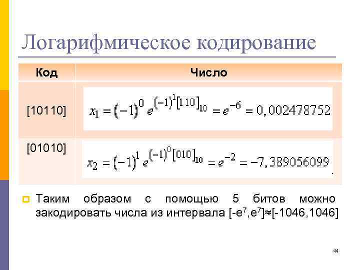 Логарифмическое кодирование Код Число [10110] [01010] p Таким образом с помощью 5 битов можно