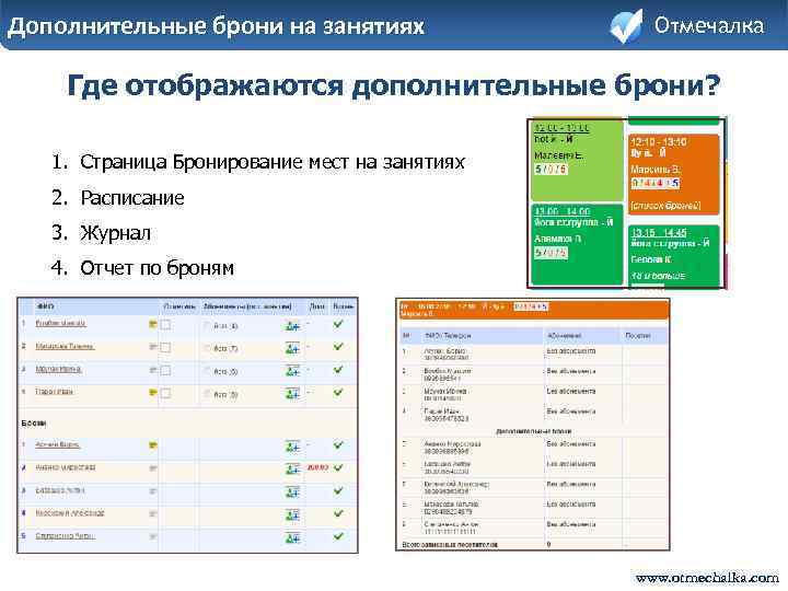 Дополнительные брони на занятиях Отмечалка Где отображаются дополнительные брони? 1. Страница Бронирование мест на