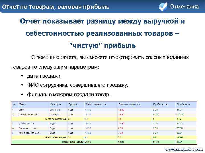Отчет по товарам, валовая прибыль Отмечалка Отчет показывает разницу между выручкой и себестоимостью реализованных