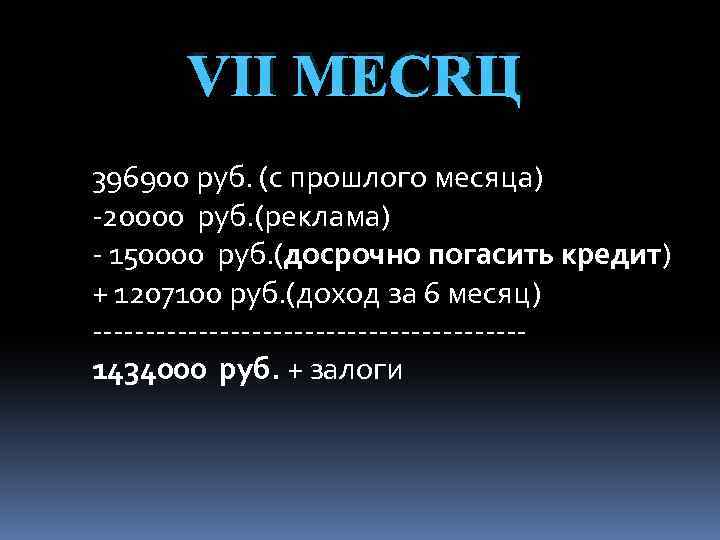 VII МЕСЯЦ 396900 руб. (с прошлого месяца) -20000 руб. (реклама) - 150000 руб. (досрочно