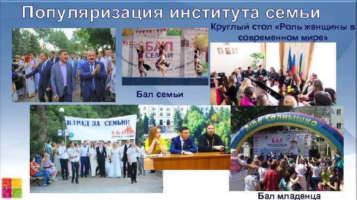 Популяризация института семьи Круглый стол «Роль женщины в современном мире» Бал семьи Бал младенца