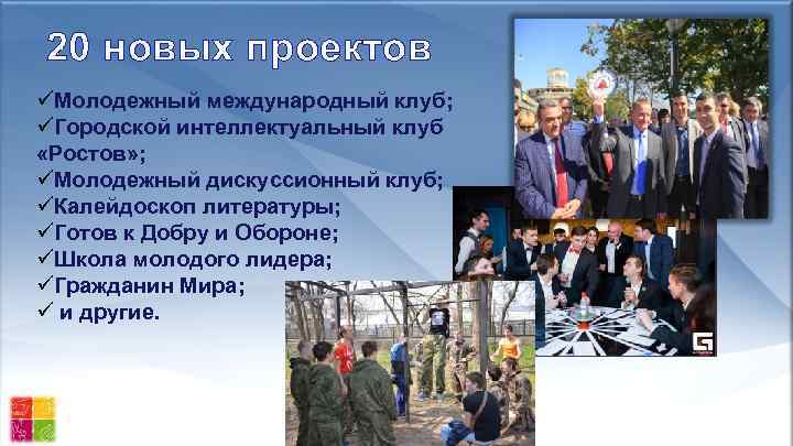 20 новых проектов Молодежный международный клуб; Городской интеллектуальный клуб «Ростов» ; Молодежный дискуссионный клуб;