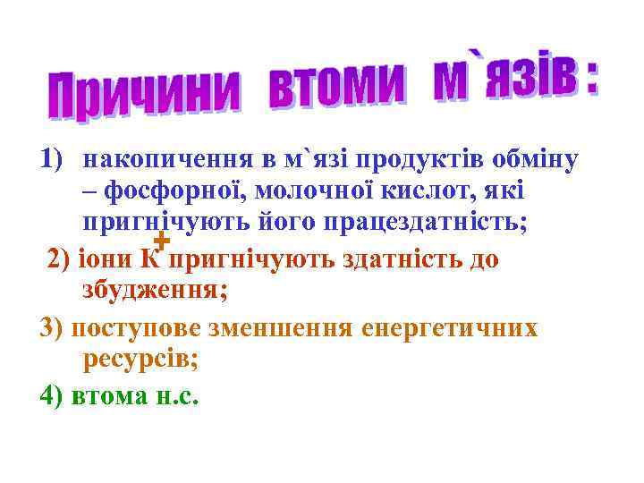 1) накопичення в м`язі продуктів обміну – фосфорної, молочної кислот, які пригнічують його працездатність;