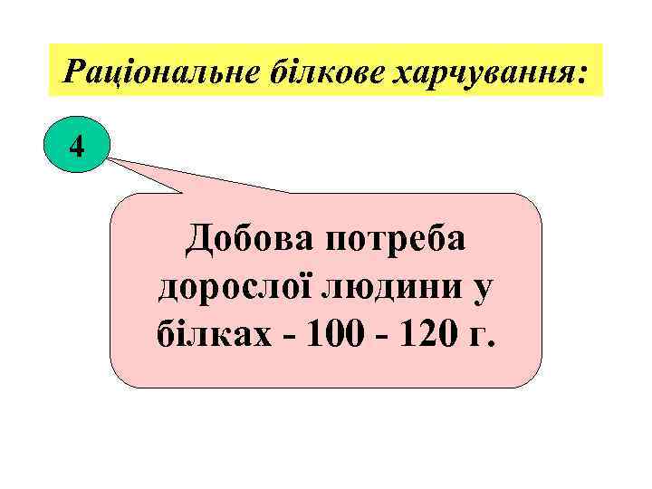 Раціональне білкове харчування: 4 Добова потреба дорослої людини у білках - 100 - 120