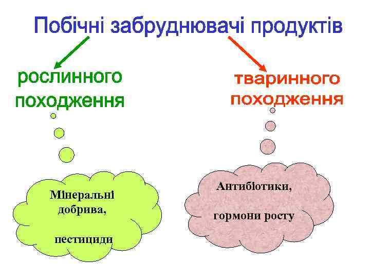 Мінеральні добрива, пестициди Антибіотики, гормони росту 