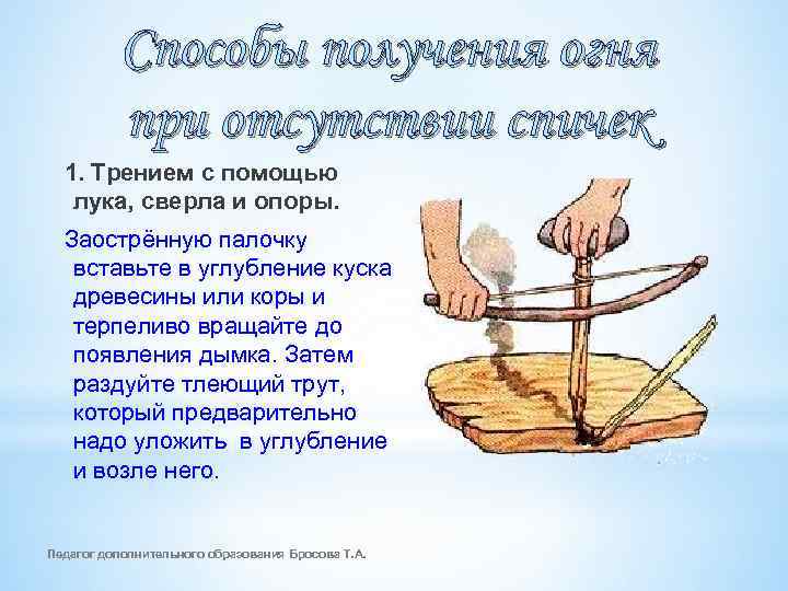 Способы получения огня при отсутствии спичек 1. Трением с помощью лука, сверла и опоры.