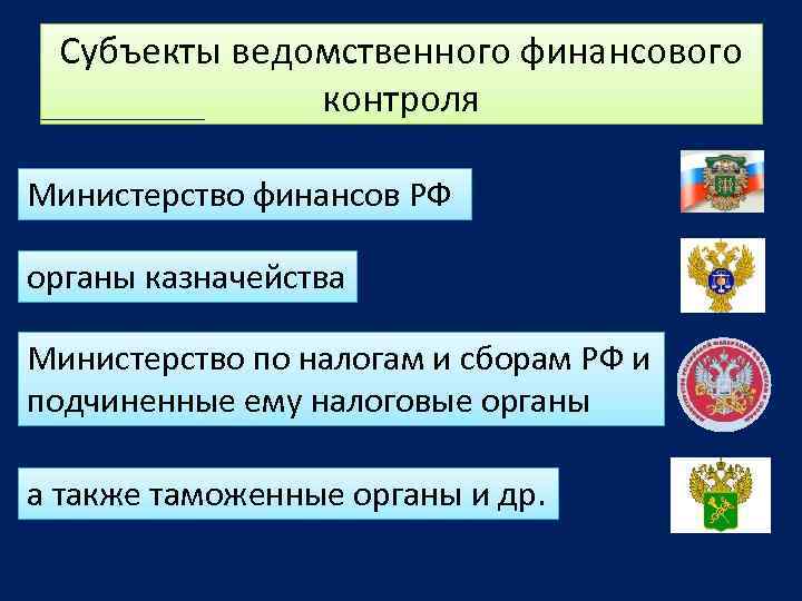 Субъекты ведомственного финансового контроля Министерство финансов РФ органы казначейства Министерство по налогам и сборам