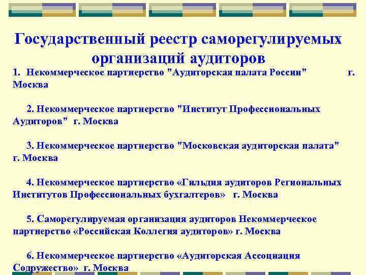 Государственный реестр саморегулируемых организаций аудиторов 1. Некоммерческое партнерство 