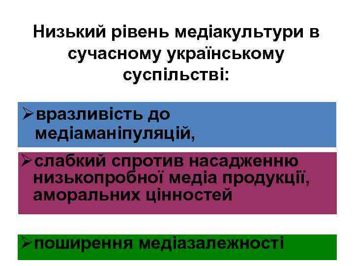 Низький рівень медіакультури в сучасному українському суспільстві: Øвразливість до медіаманіпуляцій, Øслабкий спротив насадженню низькопробної