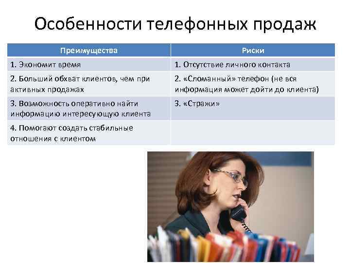 Особенности телефонных продаж Преимущества Риски 1. Экономит время 1. Отсутствие личного контакта 2. Больший