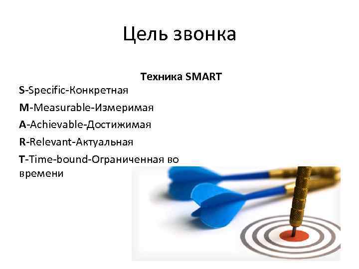 Цель звонка Техника SMART S-Specific-Конкретная M-Measurable-Измеримая A-Achievable-Достижимая R-Relevant-Актуальная T-Time-bound-Ограниченная во времени 