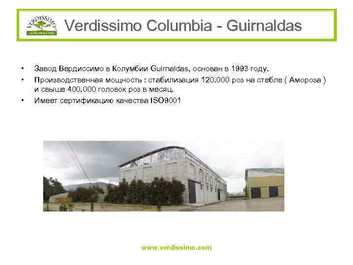 Verdissimo Columbia - Guirnaldas • • • Завод Вердиссимо в Колумбии Guirnaldas, основан в