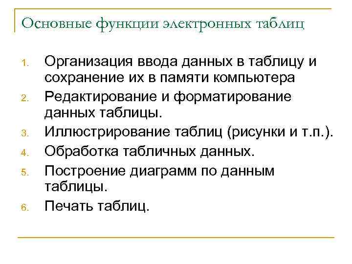 Назначение и основные возможности электронных таблиц. Функции электронных таблиц.