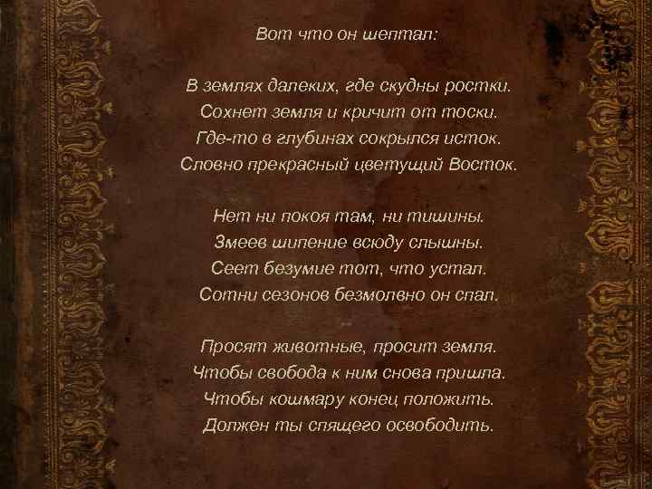 Вот что он шептал: В землях далеких, где скудны ростки. Сохнет земля и кричит