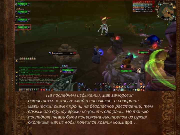 На последнем издыхании, маг заморозил оставшихся в живых змей и слизнюков, и совершил магический