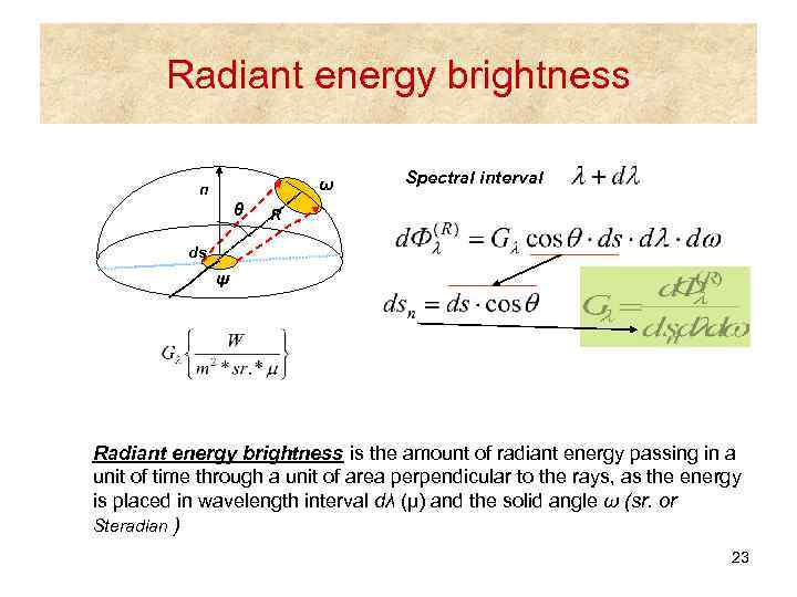 Radiant energy brightness ω n θ Spectral interval R ds ψ Radiant energy brightness