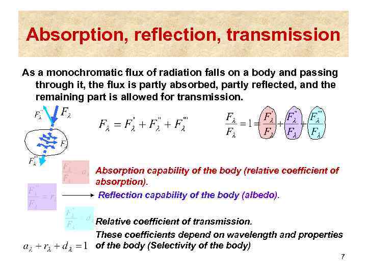 Absorption, reflection, transmission As a monochromatic flux of radiation falls on a body and